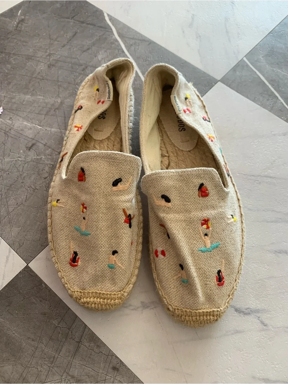 Soludos Cream Espadrille Slip-Ons with Multicolor Swimmer Embroidery